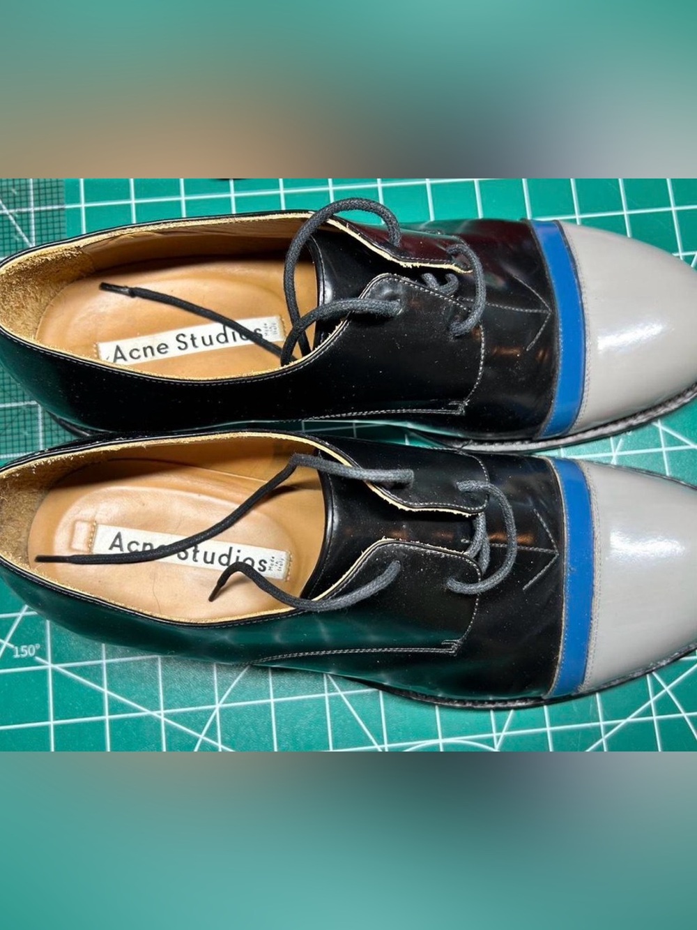 Acne Studios Black Leather Lace-Up Oxfords with Gray Toe and Blue Accent